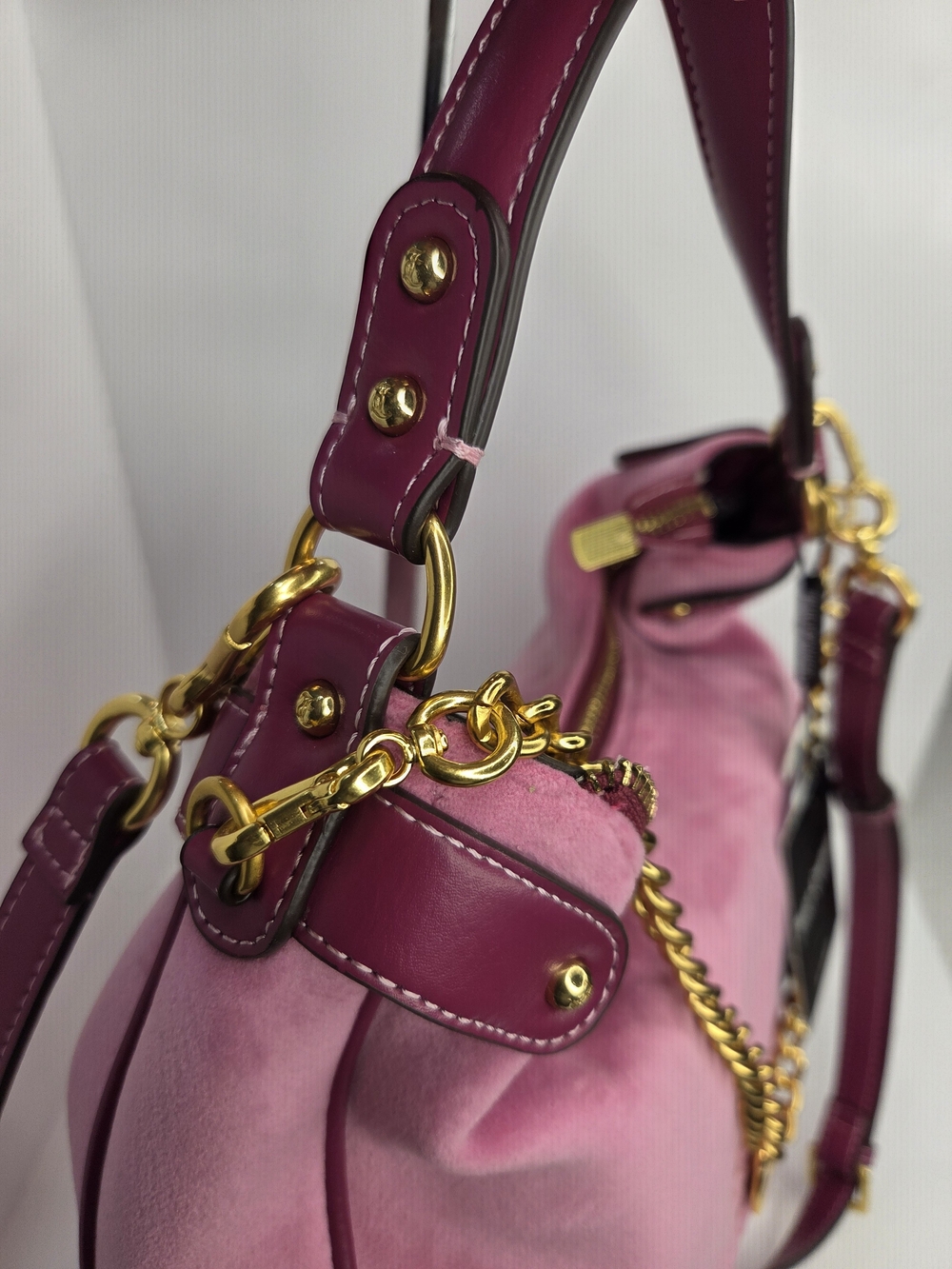 💕▪️Juicy Couture▪️uk Exclusive Twig Pink Suede Purple Trim Gold Chain Hobo Bag - Picture 10 of 13